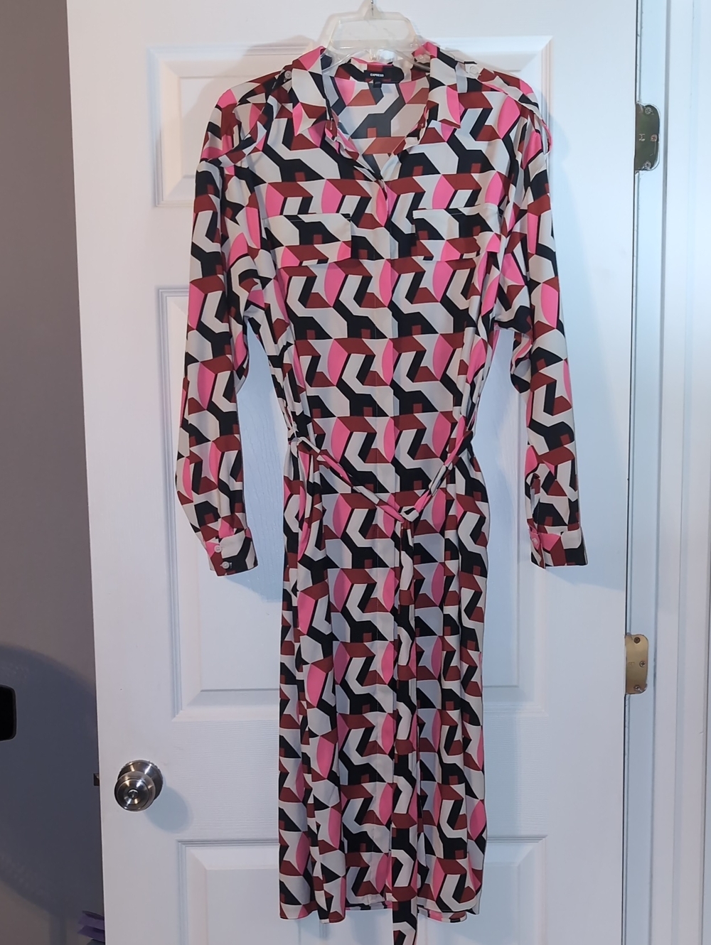 Express Geometric Wrap Dress in Pink, Black and Cream